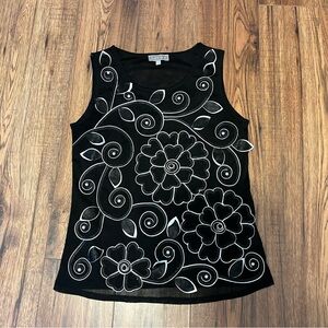 New* Black Laura Floral Sleeveless Top with Pearl Embellishments